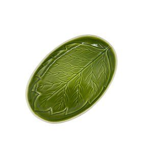 Vintage MANCIOLI Italy Pottery Plate Green Leaf Retro Oval Tray Textured Glazed